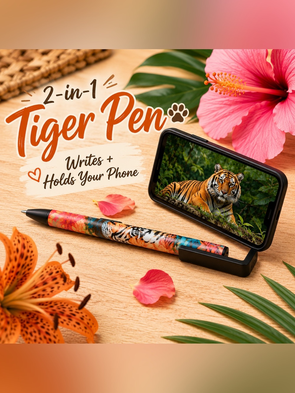 Tiger Floral Phone Holder Pen